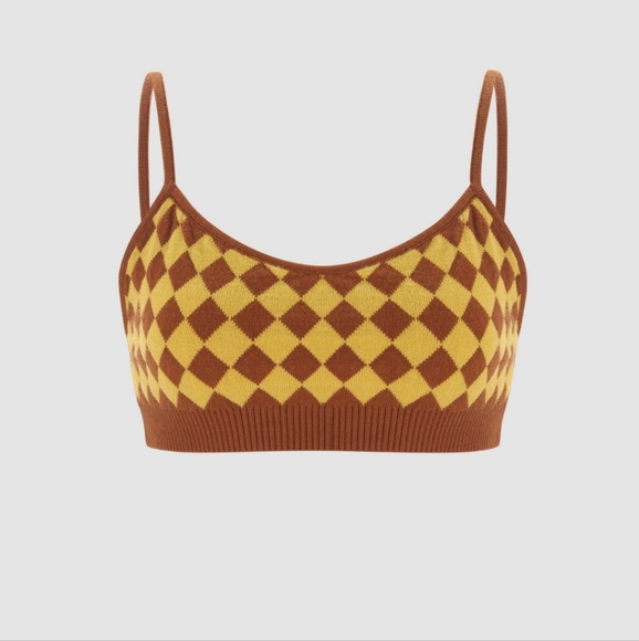 Cider~Houndstooth Checkered Crop Top Retro 90's Inspired Mustard Yellow Brown - Picture 2 of 15